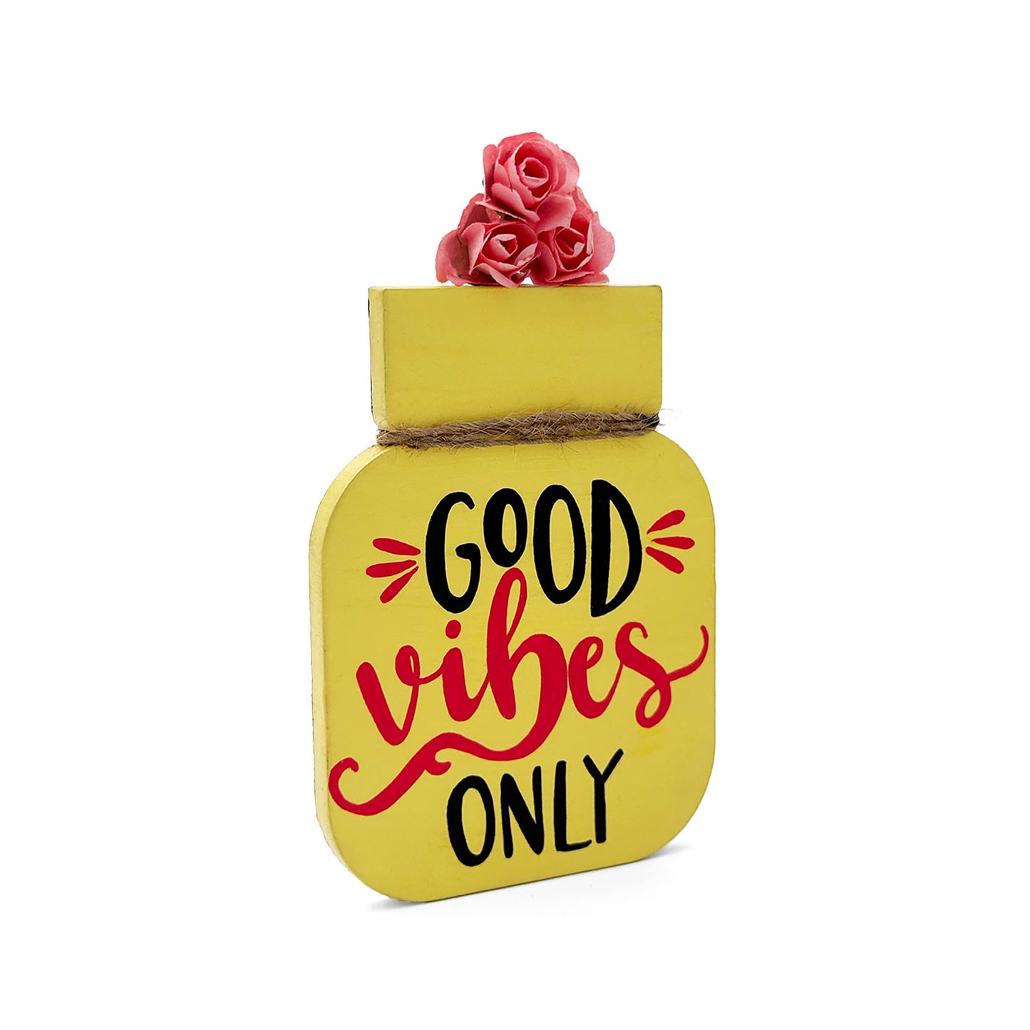 Good Vibes Only Hand-Painted Wooden Mason Jar Fridge Magnet - Yellow