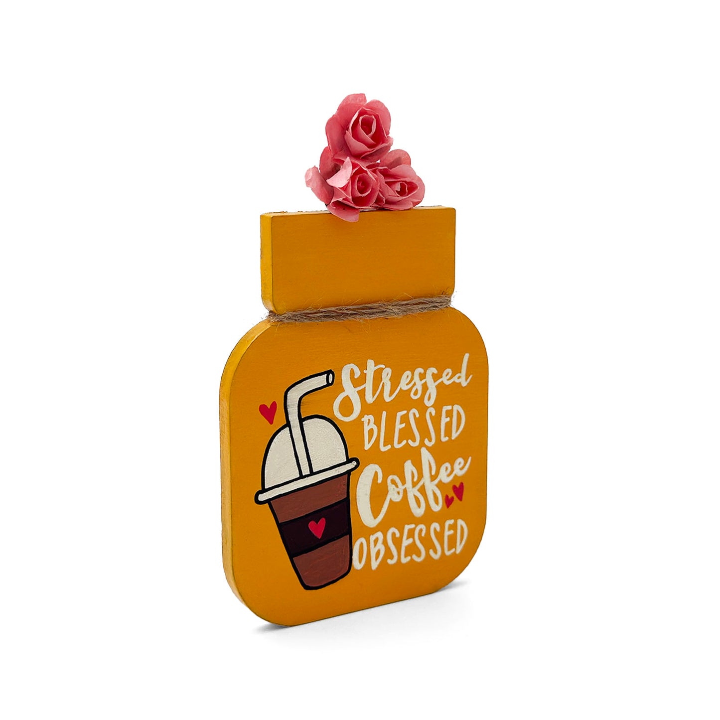 Stressed Blessed Coffee Obsessed Hand-Painted Wooden Mason Jar Fridge Magnet - Yellow