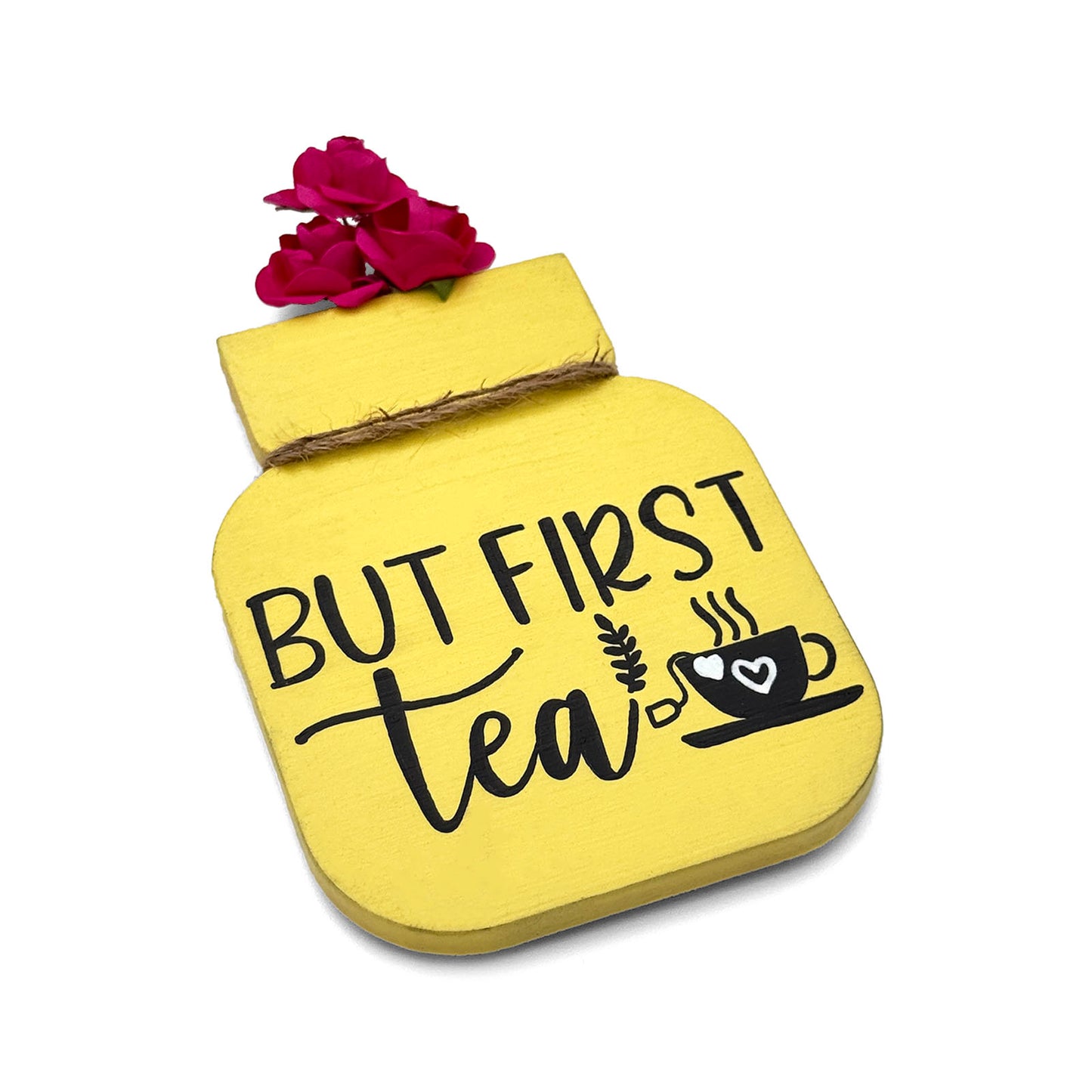 But First Tea Hand-Painted Wooden Mason Jar Fridge Magnet - Yellow