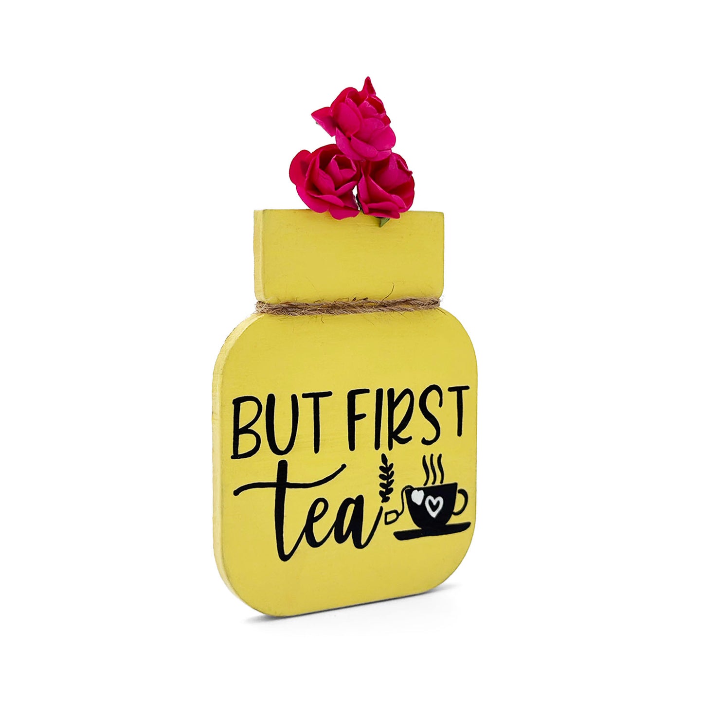 But First Tea Hand-Painted Wooden Mason Jar Fridge Magnet - Yellow