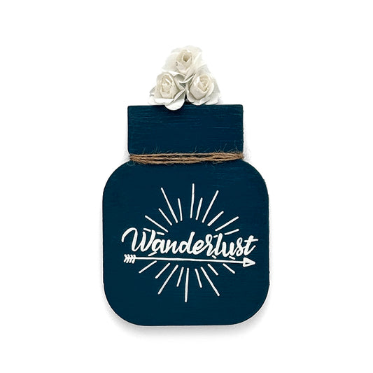 Wanderlust Hand-Painted Wooden Mason Jar Fridge Magnet - Dark Blue