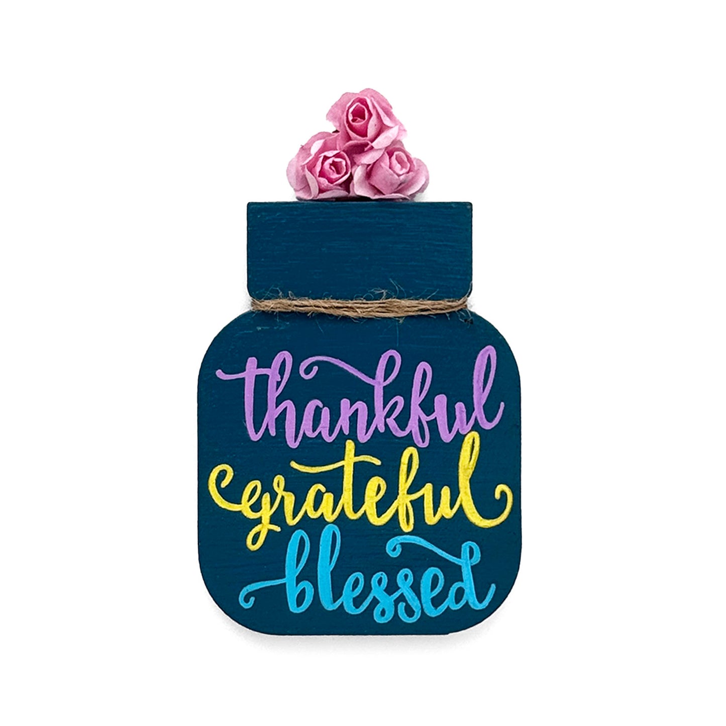Thankful Grateful Blessed Hand-Painted Wooden Mason Jar Fridge Magnet - Dark Blue