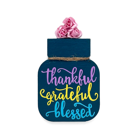 Thankful Grateful Blessed Hand-Painted Wooden Mason Jar Fridge Magnet - Dark Blue