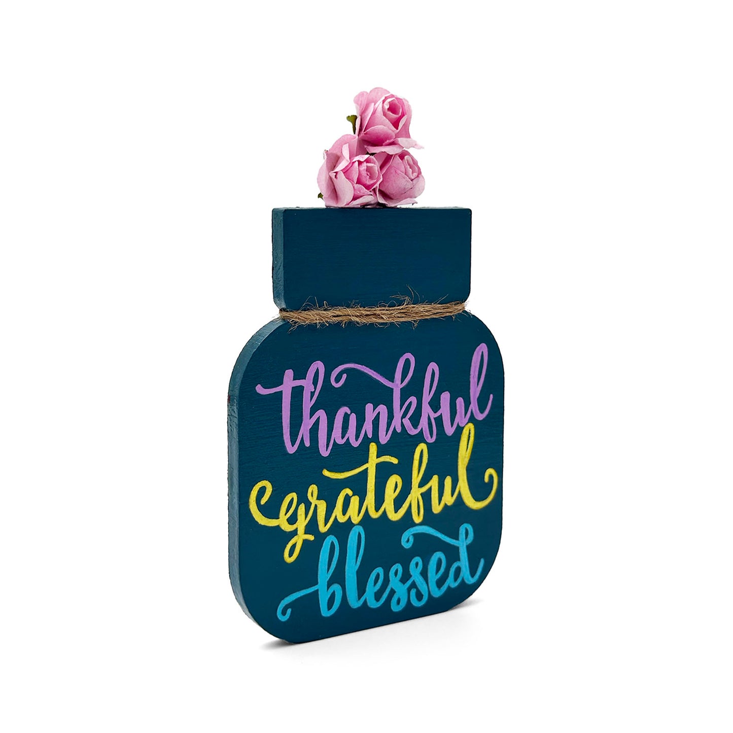Thankful Grateful Blessed Hand-Painted Wooden Mason Jar Fridge Magnet - Dark Blue