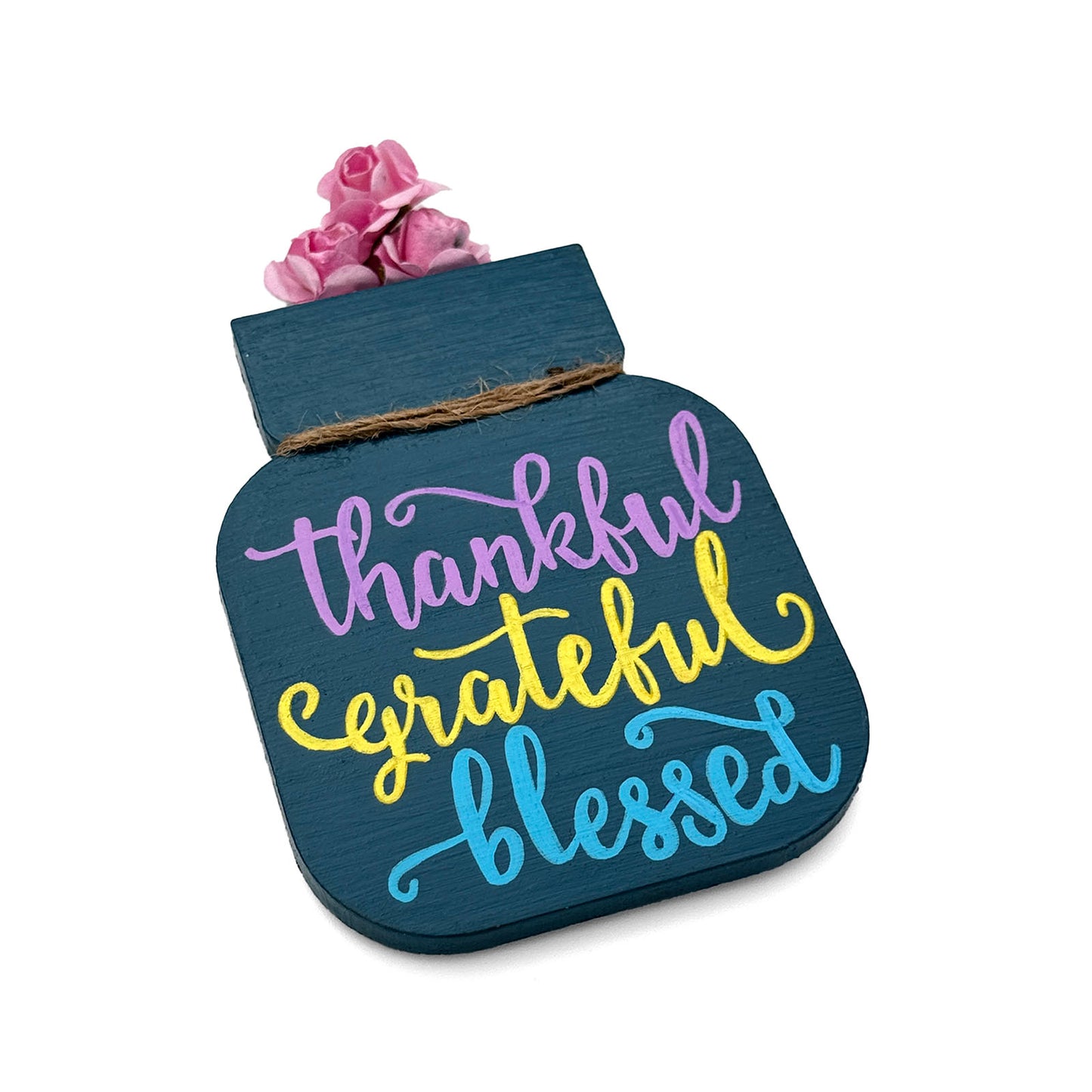 Thankful Grateful Blessed Hand-Painted Wooden Mason Jar Fridge Magnet - Dark Blue