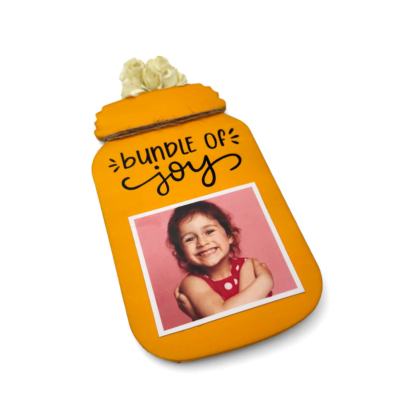 Our Little Bundle Of Joy Hand-Painted Wooden Jar Fridge Magnet With Photo - Yellow