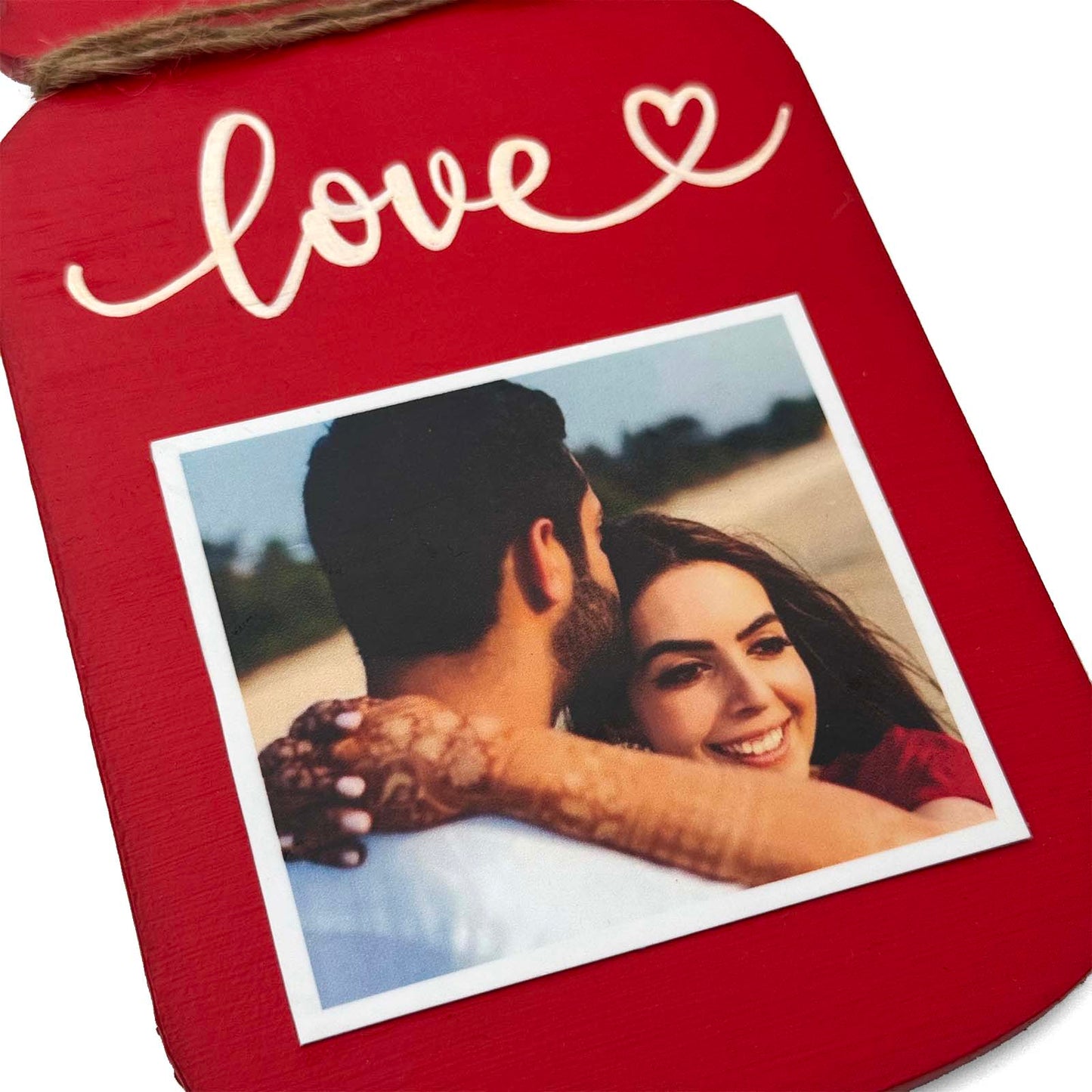 Love Hand-Painted Wooden Jar Fridge Magnet With Photo - Red