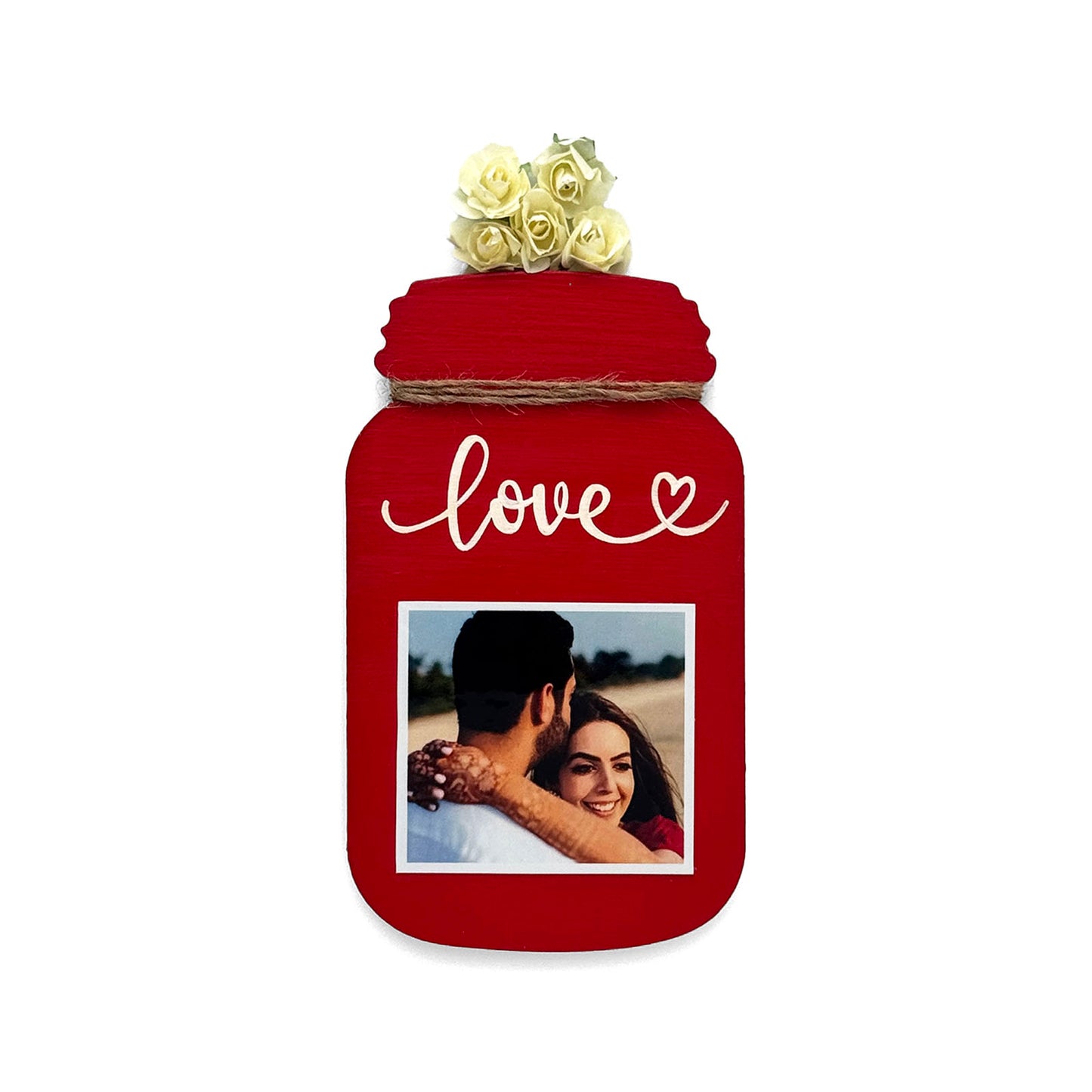 Love Hand-Painted Wooden Jar Fridge Magnet With Photo - Red