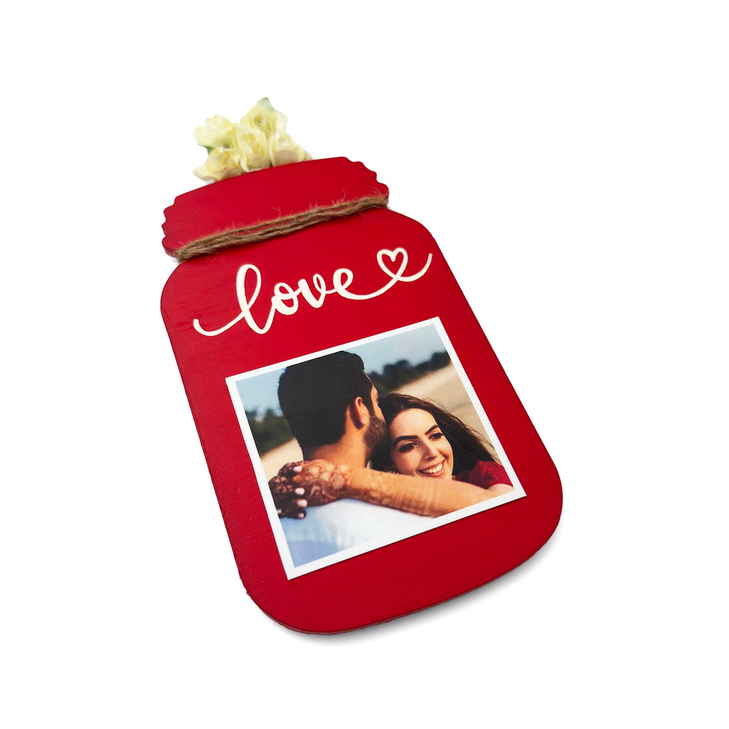 Love Hand-Painted Wooden Jar Fridge Magnet With Photo - Red