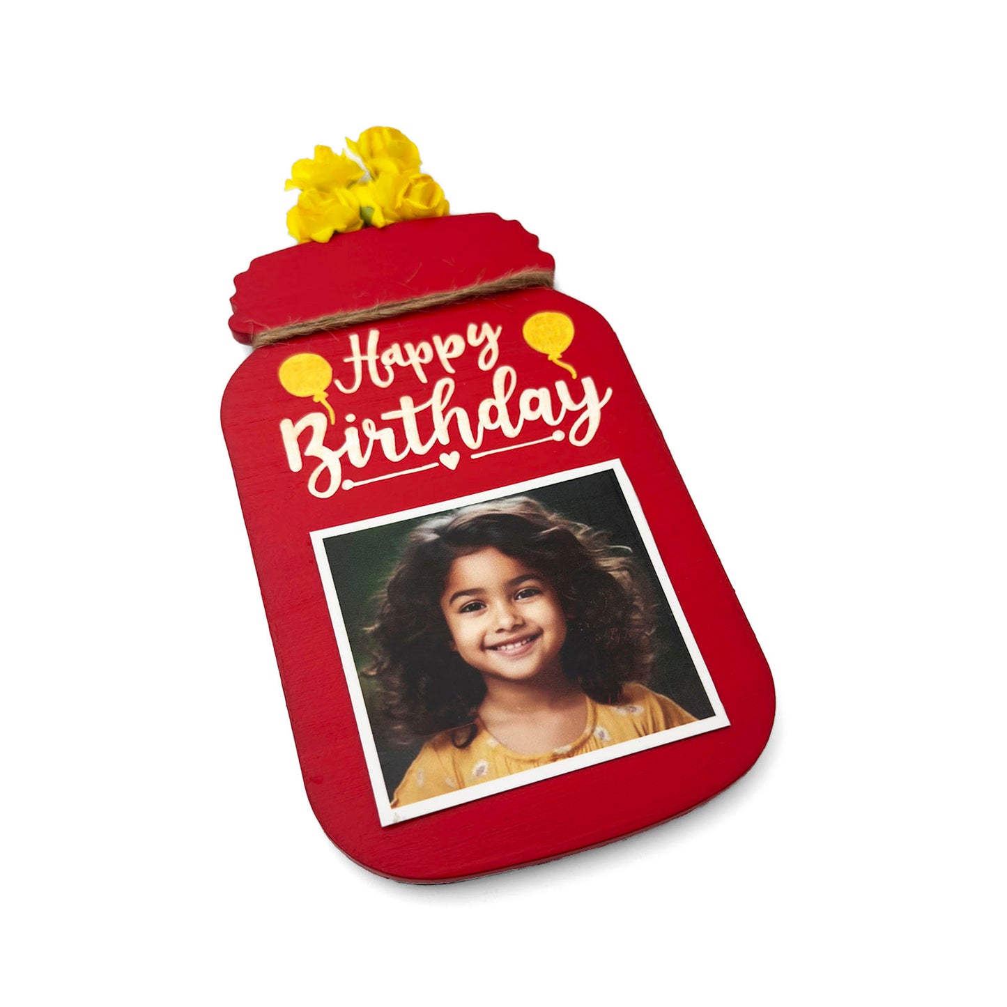 Happy Birthday Hand-Painted Wooden Jar Fridge Magnet With Photo - Red