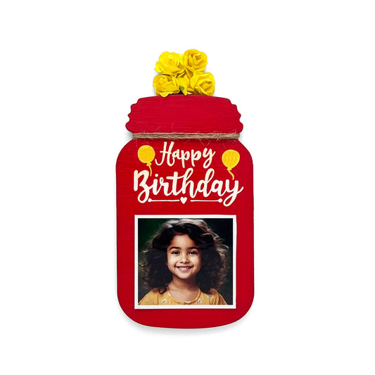 Happy Birthday Hand-Painted Wooden Jar Fridge Magnet With Photo - Red
