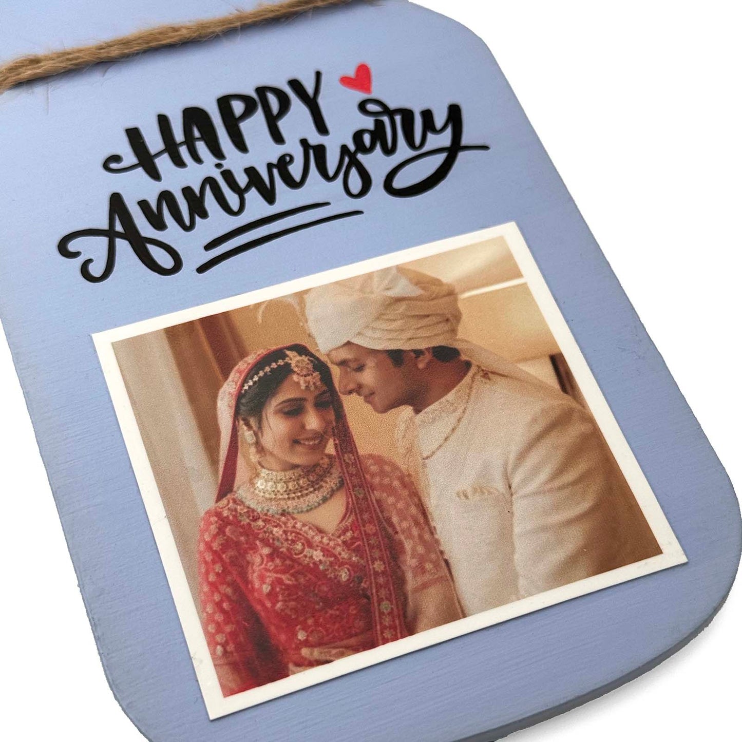 Happy Anniversary Hand-Painted Wooden Jar Fridge Magnet With Photo - Blue
