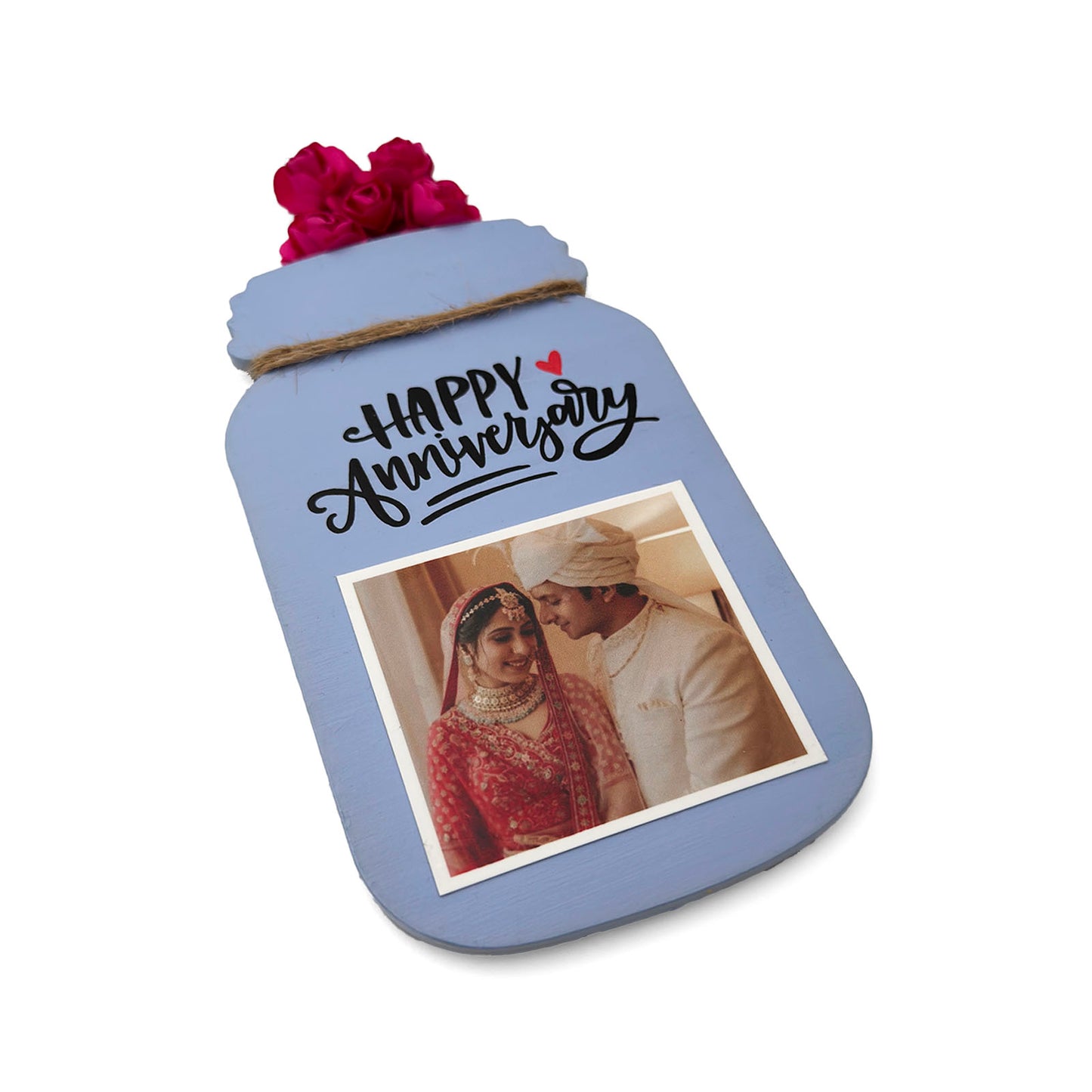 Happy Anniversary Hand-Painted Wooden Jar Fridge Magnet With Photo - Blue