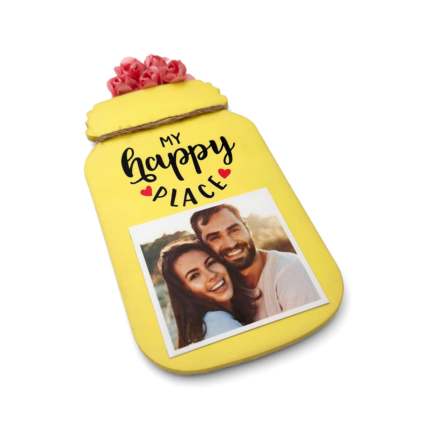 My Happy Place Hand-Painted Wooden Jar Fridge Magnet With Photo - Yellow