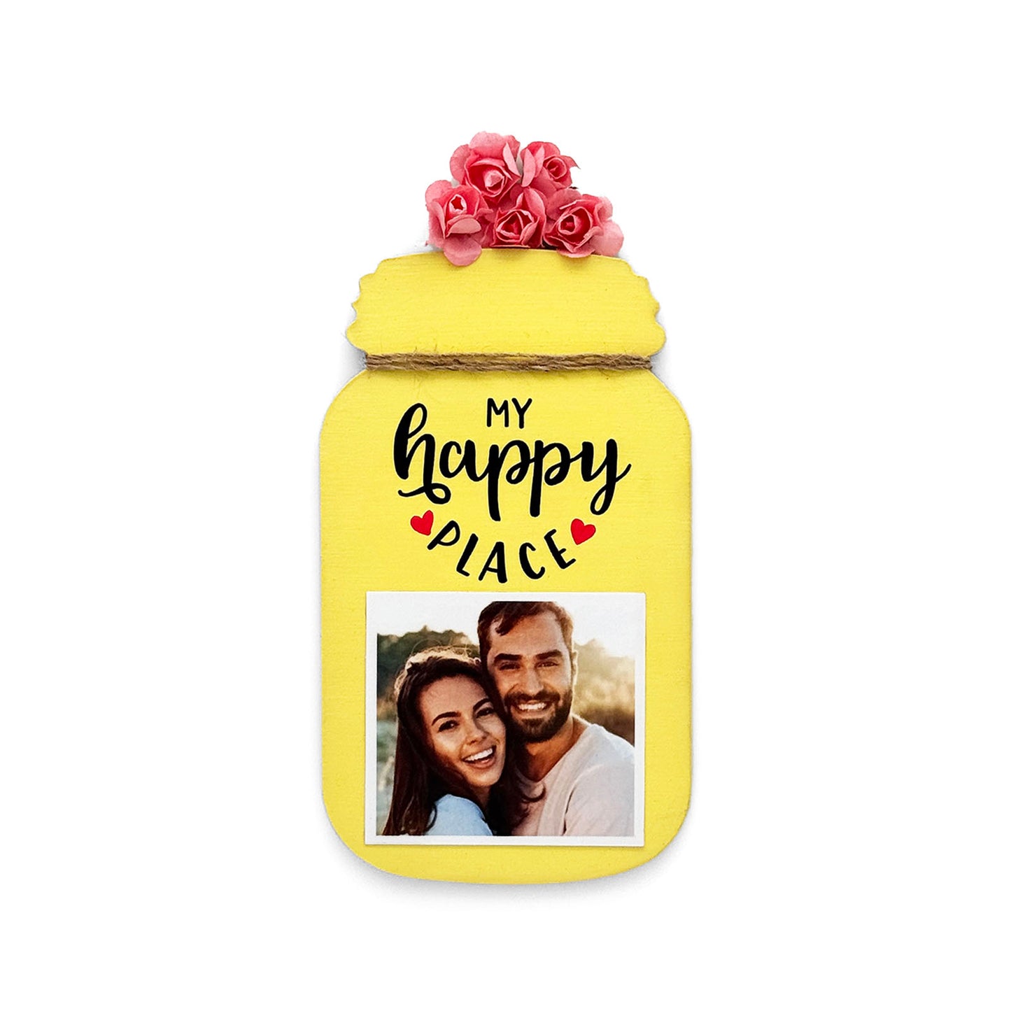 My Happy Place Hand-Painted Wooden Jar Fridge Magnet With Photo - Yellow