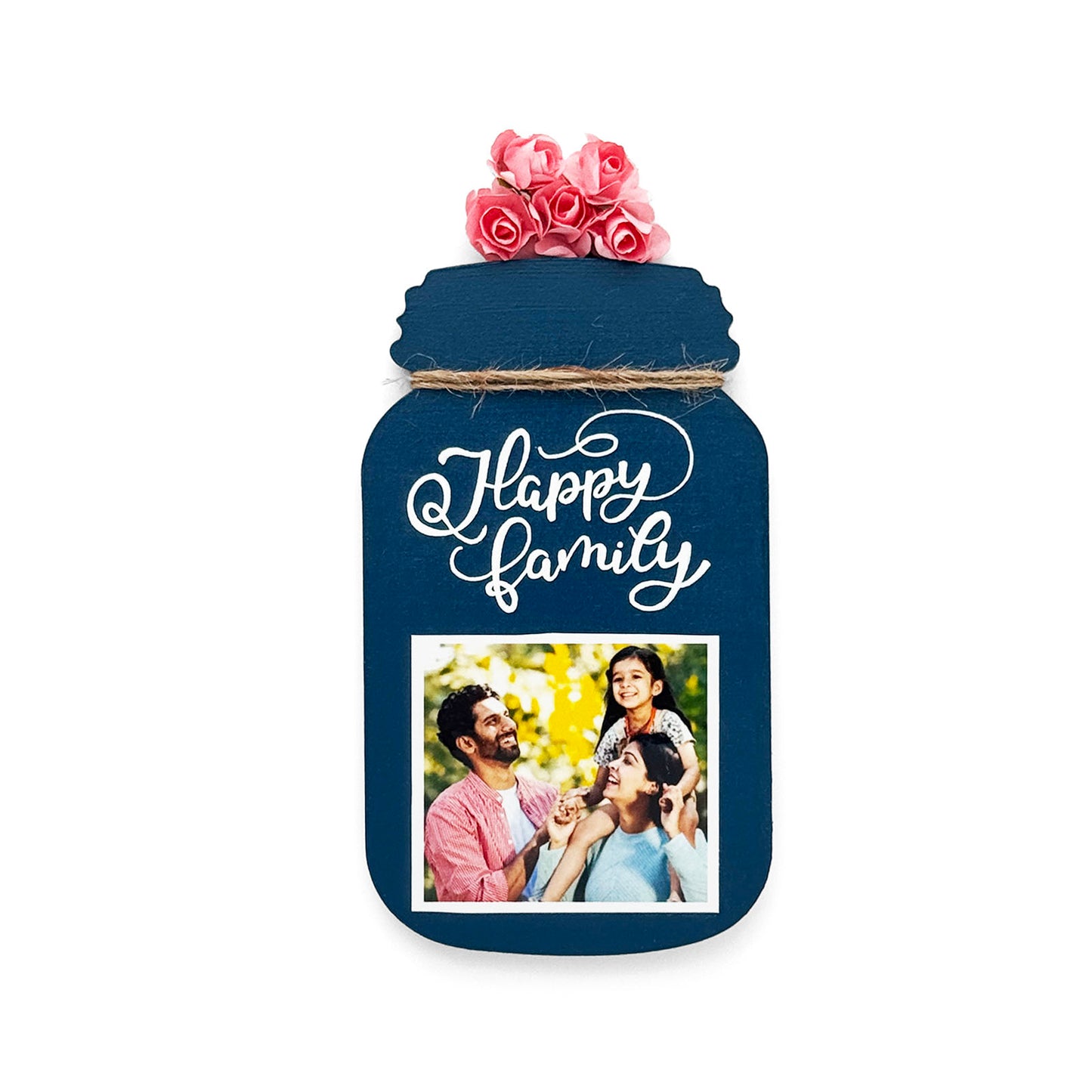 Happy Family Hand-Painted Wooden Jar Fridge Magnet With Photo - Dark Blue
