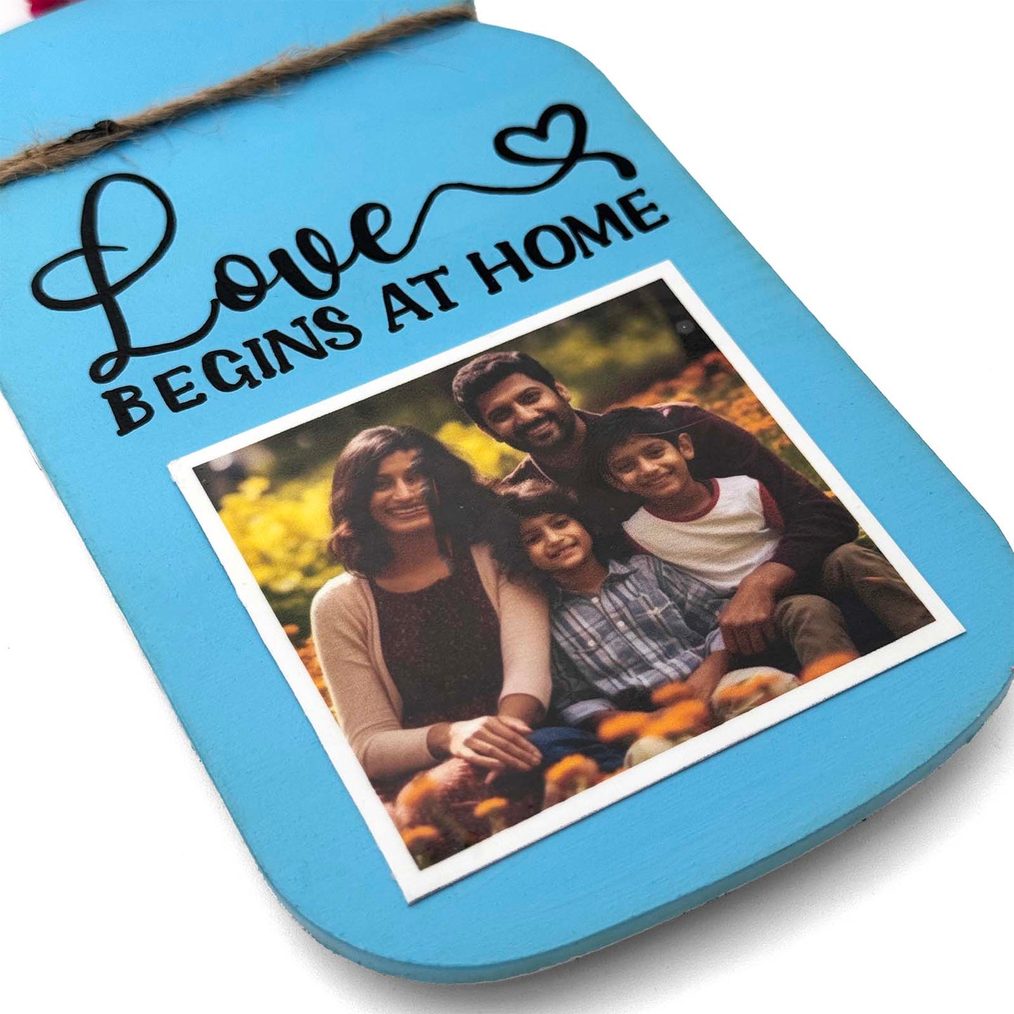 Love Begins At Home Hand-Painted Wooden Jar Fridge Magnet With Photo - Dark Blue