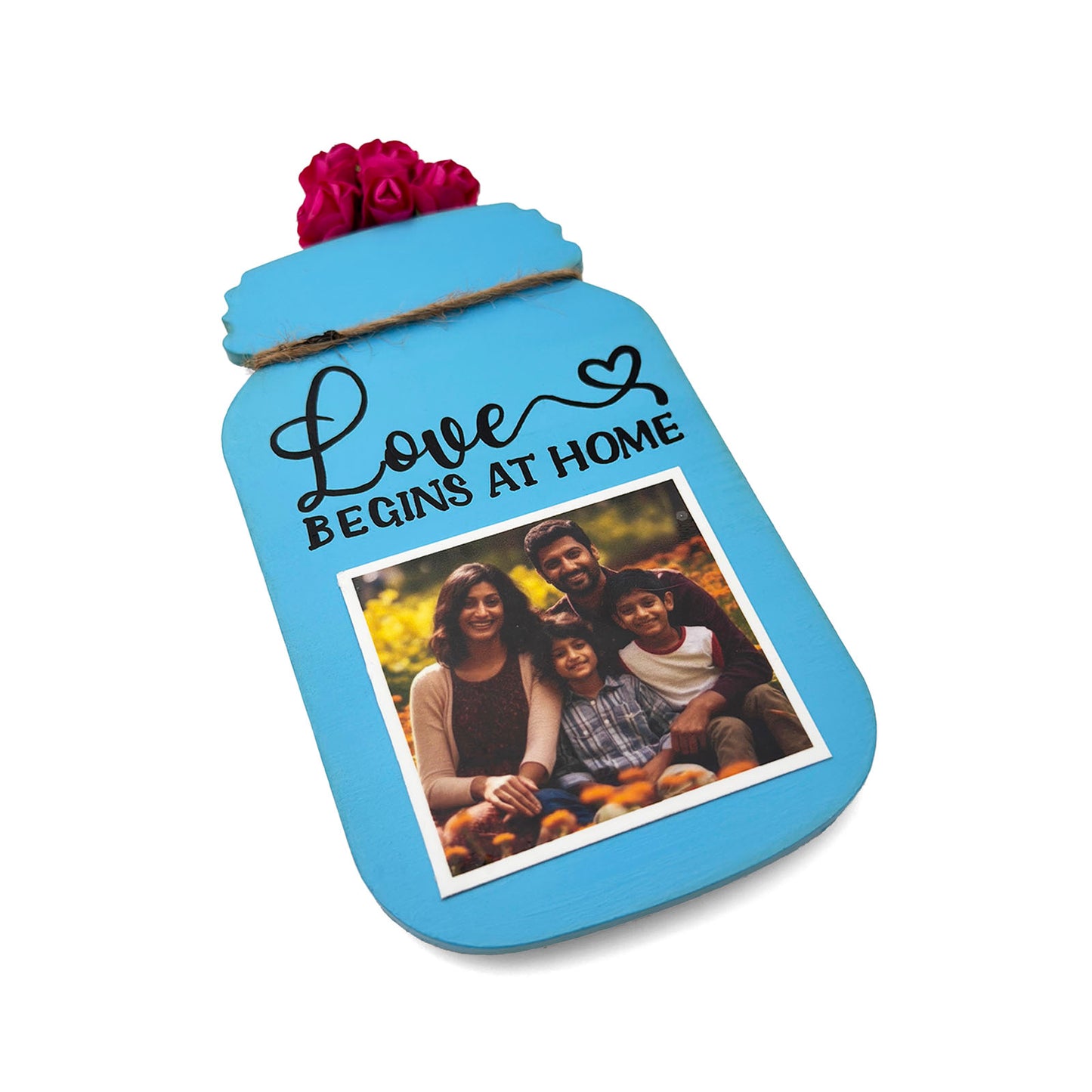 Love Begins At Home Hand-Painted Wooden Jar Fridge Magnet With Photo - Dark Blue