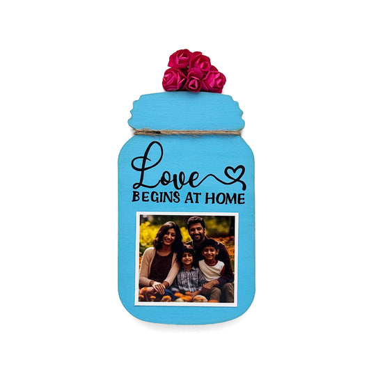 Love Begins At Home Hand-Painted Wooden Jar Fridge Magnet With Photo - Dark Blue
