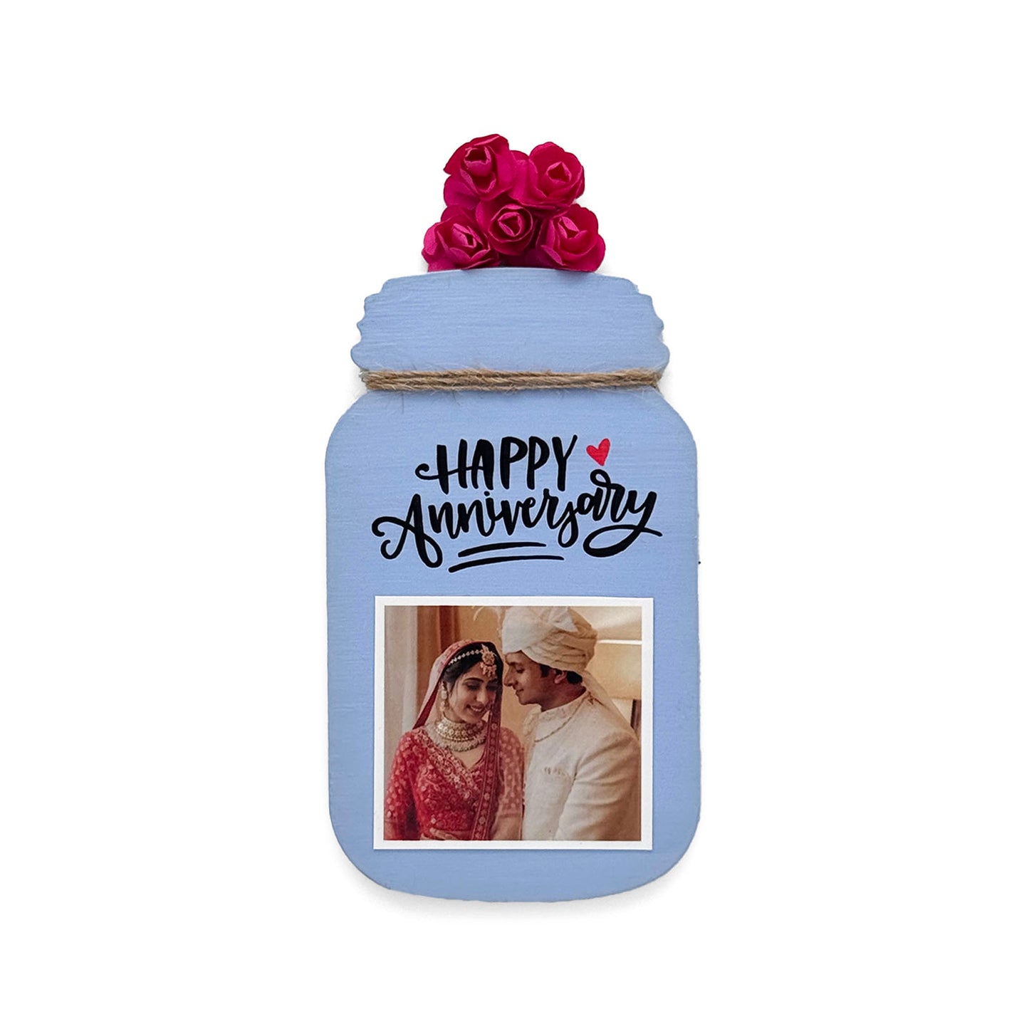 Happy Anniversary Hand-Painted Wooden Jar Fridge Magnet With Photo - Blue
