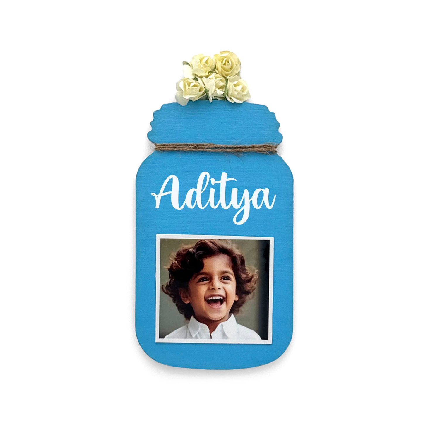 Personalised Hand-Painted Wooden Jar Fridge Magnet With Photo - Blue