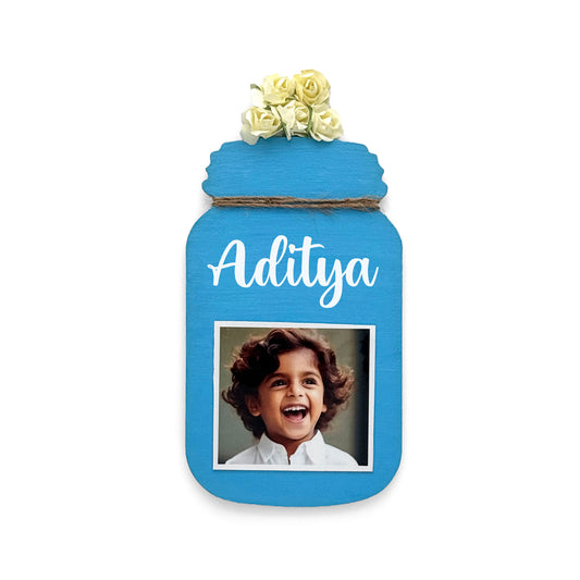 Personalised Hand-Painted Wooden Jar Fridge Magnet With Photo - Blue