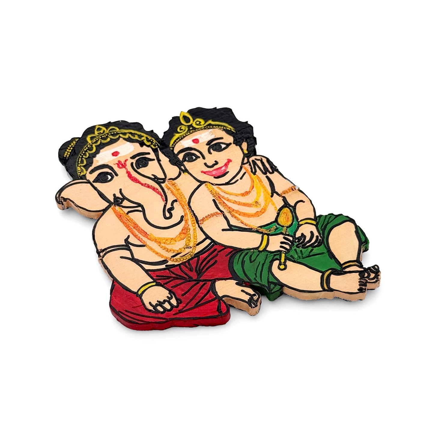 Ganesha with Murugan Hand-Painted Wooden Fridge Magnet