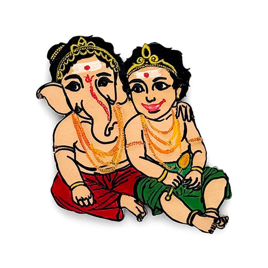 Ganesha with Murugan Hand-Painted Wooden Fridge Magnet