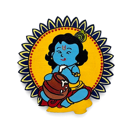 Little Krishna Eating Butter Hand-Painted Wooden Fridge Magnet