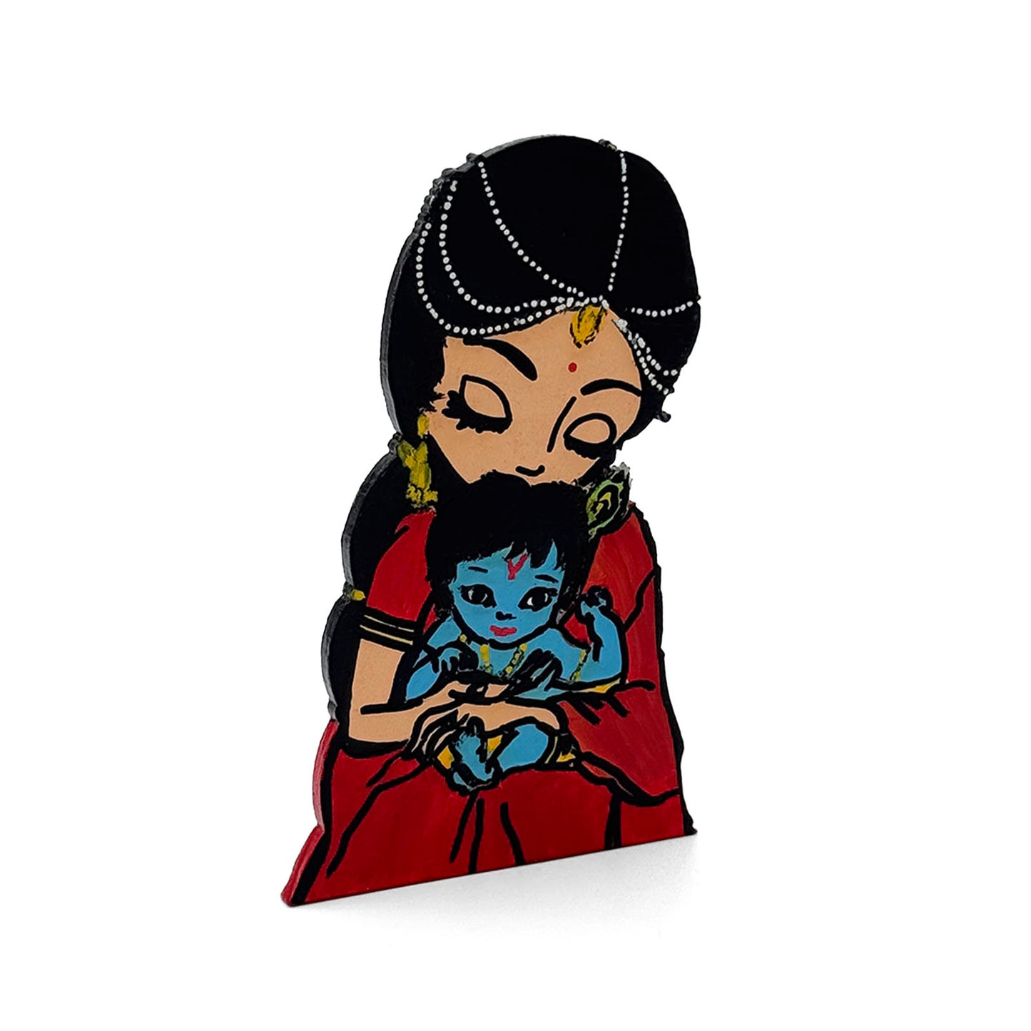 Baby Krishna With Maiya Yashoda Hand-Painted Wooden Fridge Magnet