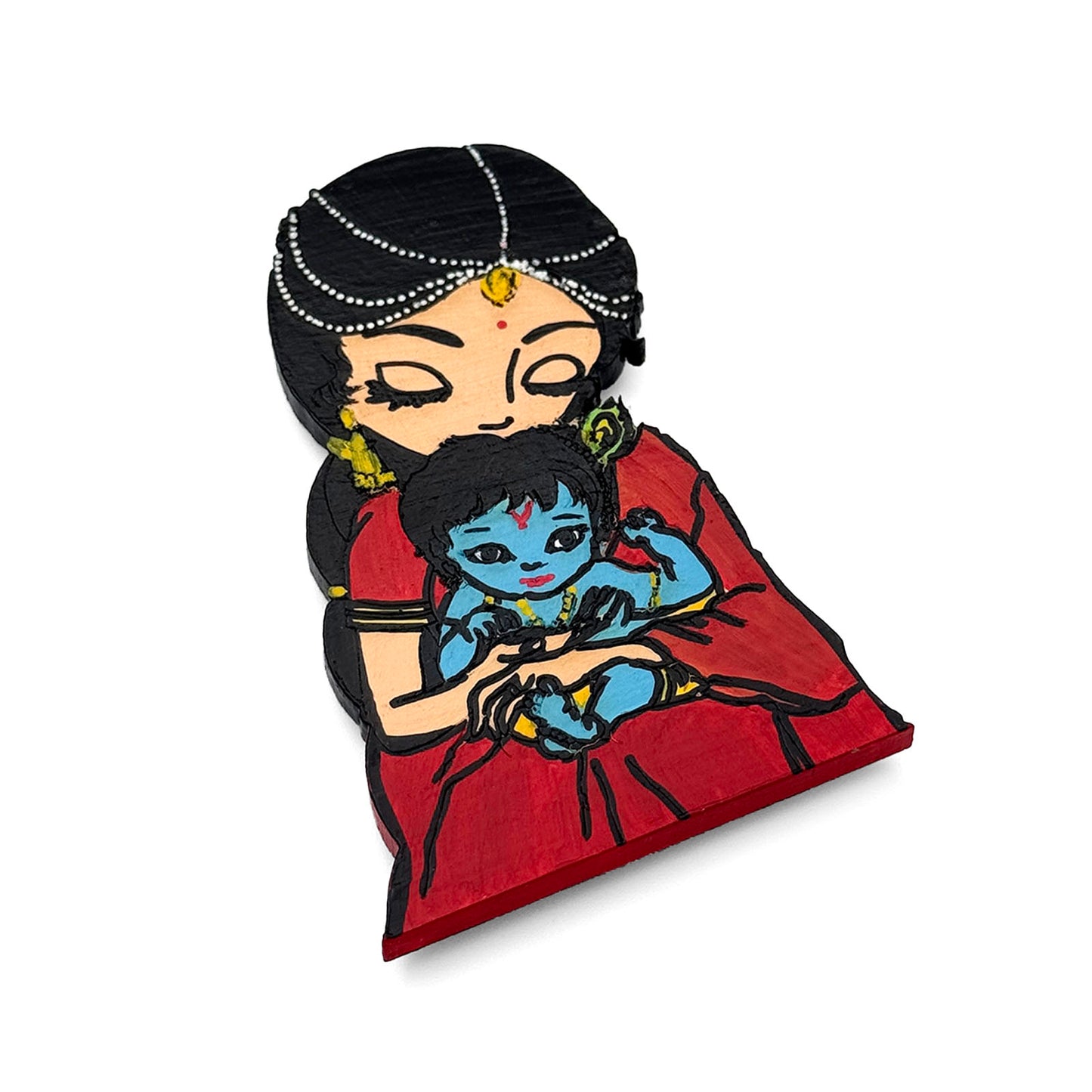 Baby Krishna With Maiya Yashoda Hand-Painted Wooden Fridge Magnet