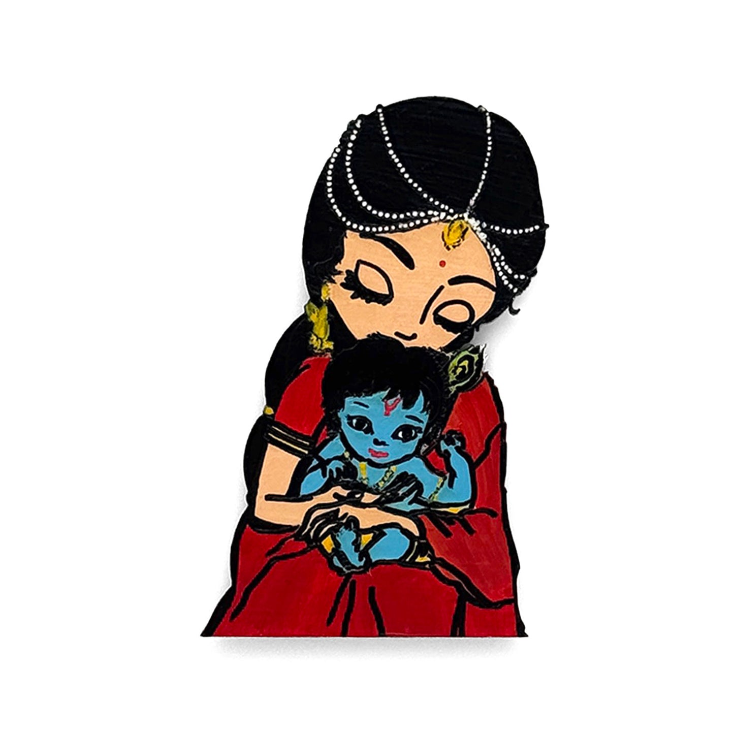 Baby Krishna With Maiya Yashoda Hand-Painted Wooden Fridge Magnet