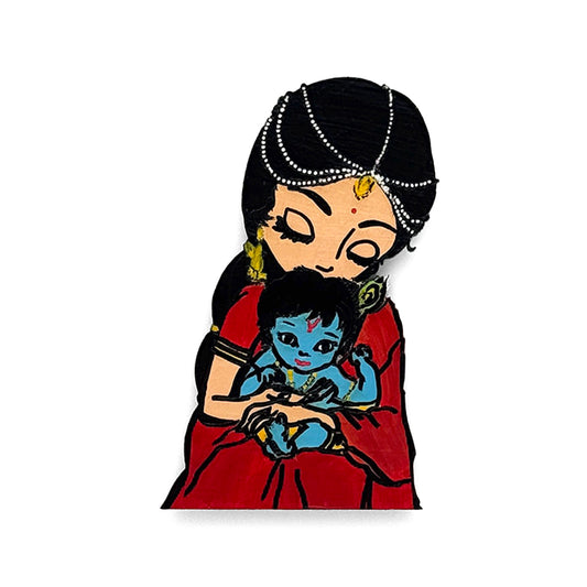 Baby Krishna With Maiya Yashoda Hand-Painted Wooden Fridge Magnet