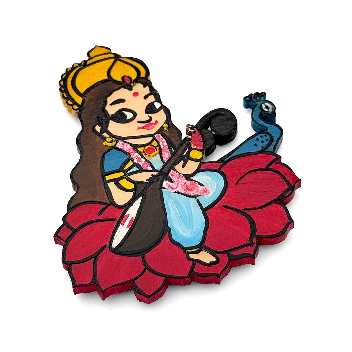 Saraswati Ji Hand-Painted Wooden Fridge Magnet