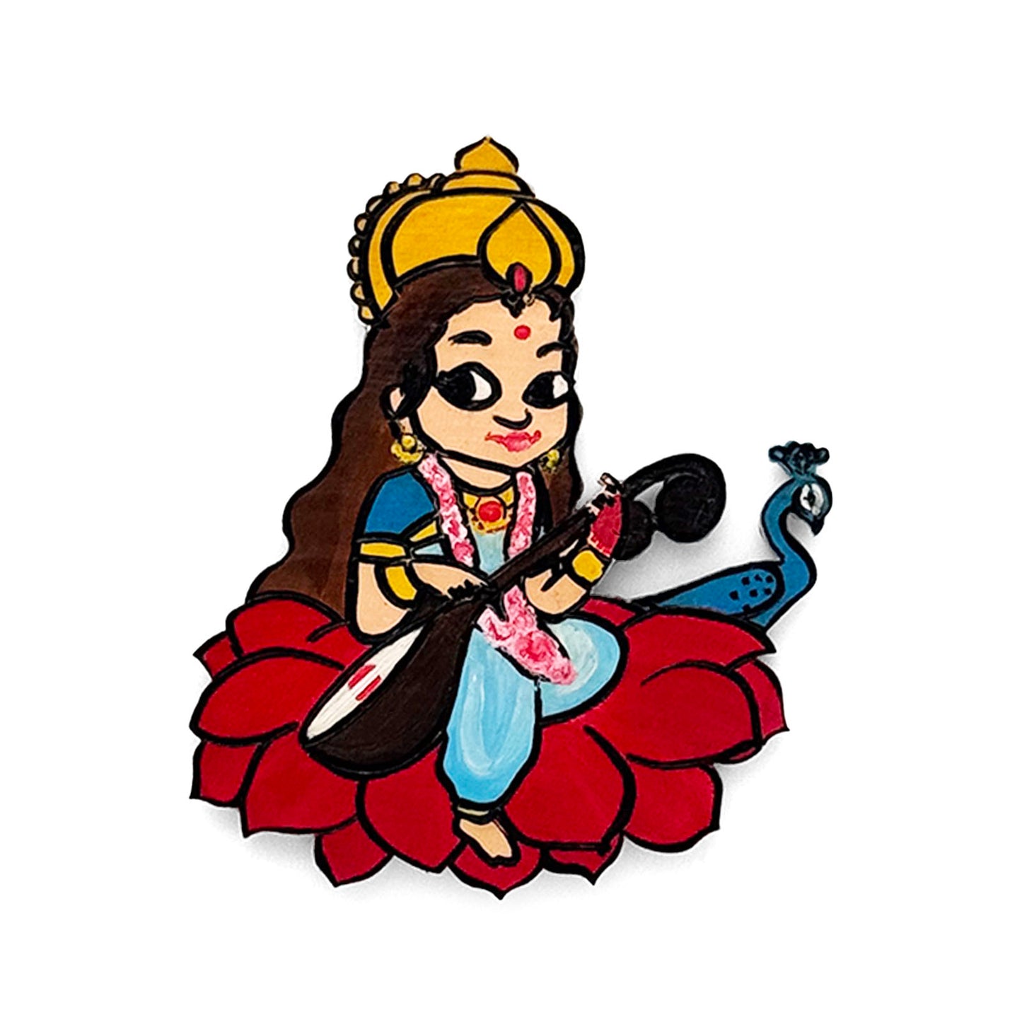 Saraswati Ji Hand-Painted Wooden Fridge Magnet