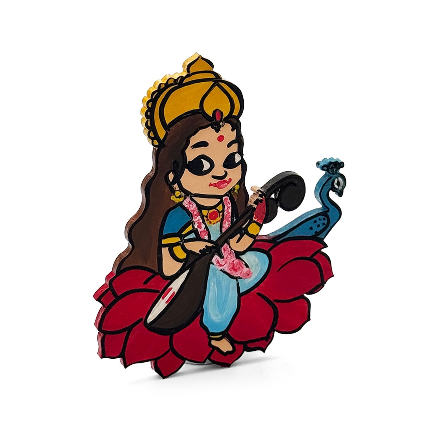 Saraswati Ji Hand-Painted Wooden Fridge Magnet