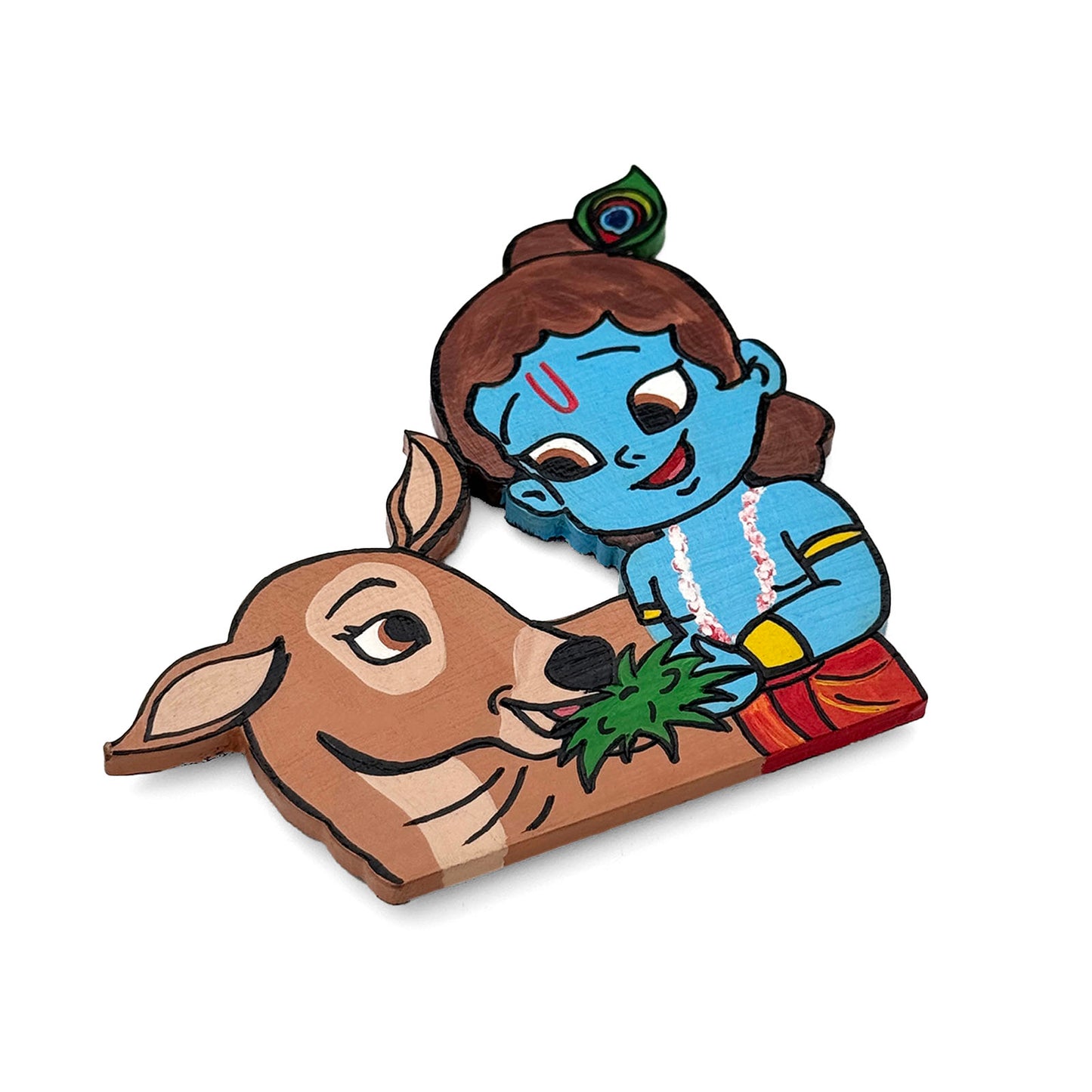 Krishna Ji With Cow Hand-Painted Wooden Fridge Magnet