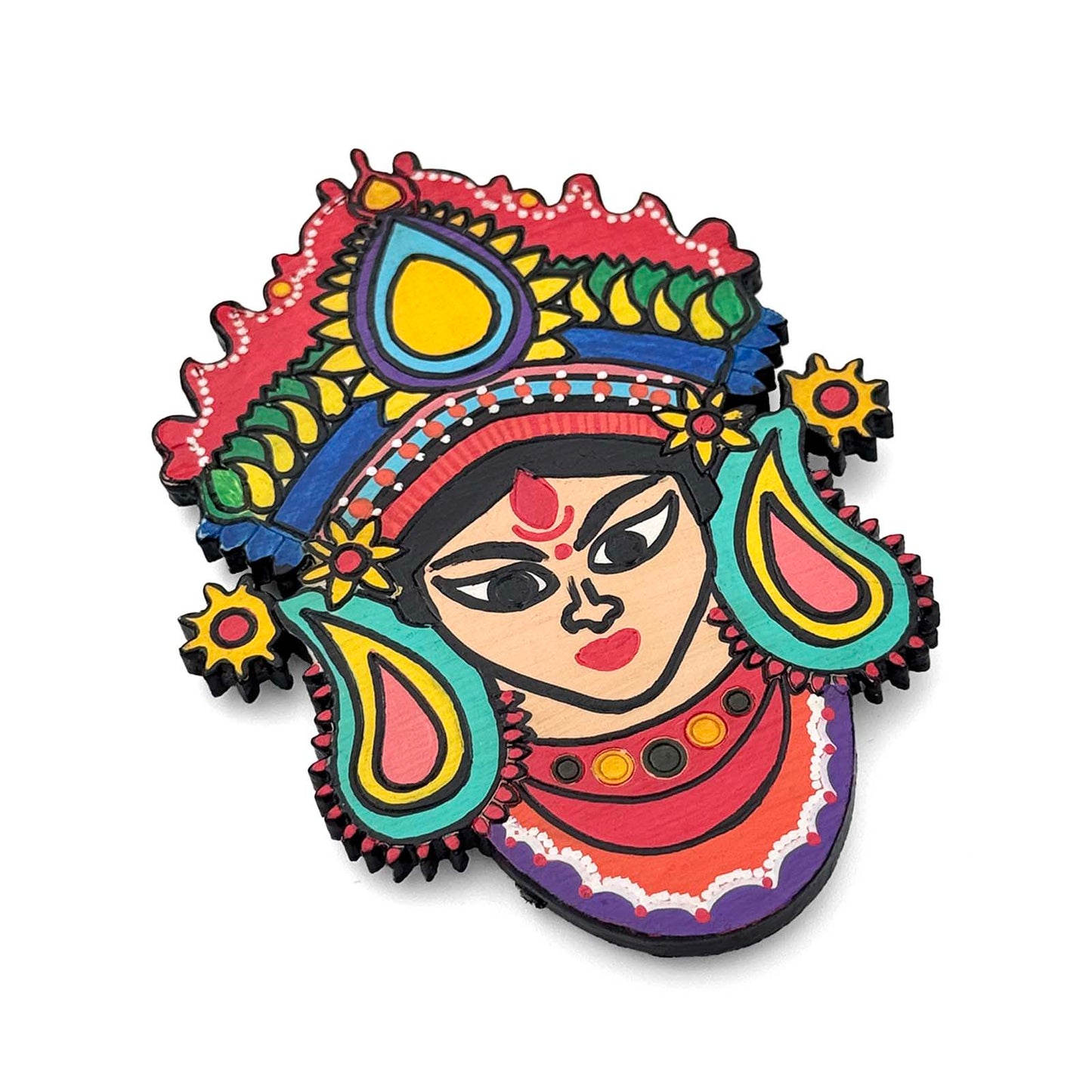 Maa Durga Face Hand-Painted Wooden Fridge Magnet