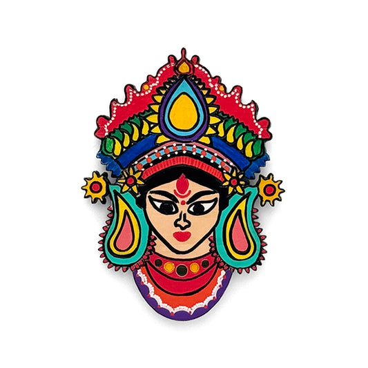 Maa Durga Face Hand-Painted Wooden Fridge Magnet