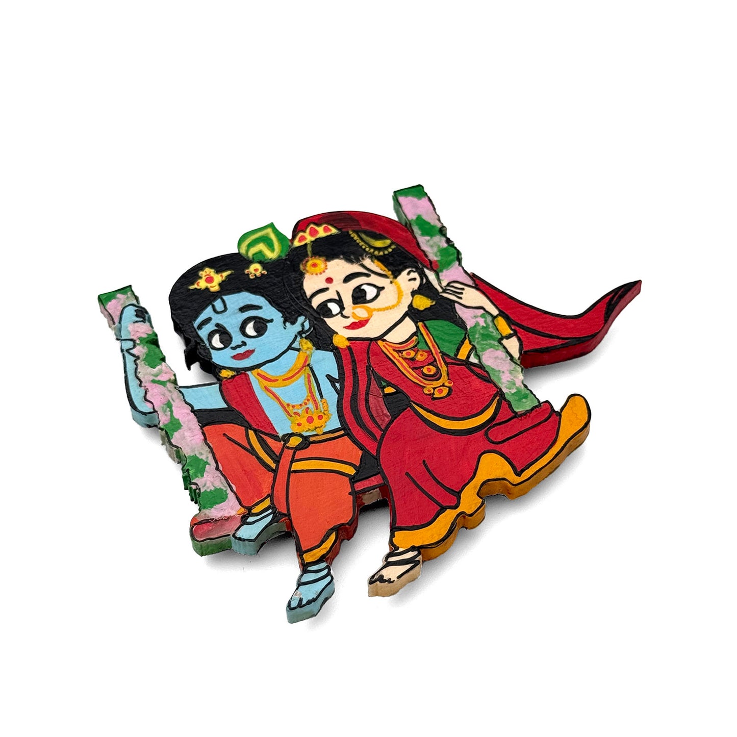 Krishna Ji With Radha Hand-Painted Wooden Fridge Magnet
