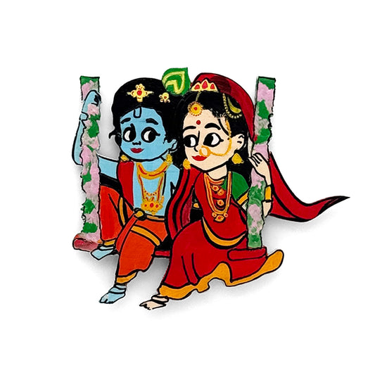 Krishna Ji With Radha Hand-Painted Wooden Fridge Magnet