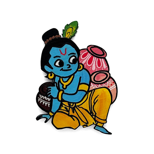 Lord Krishna With Pots Of Butter Hand-Painted Wooden Fridge Magnet