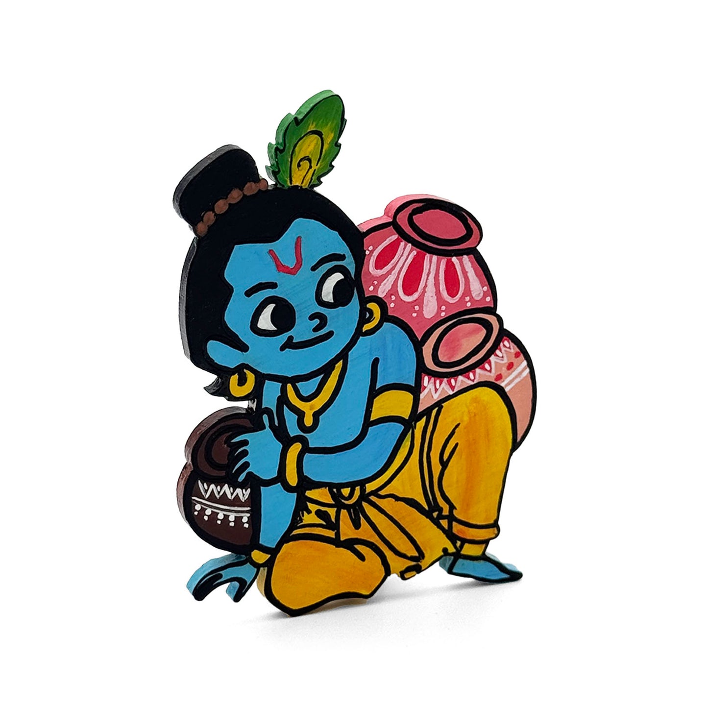 Lord Krishna With Pots Of Butter Hand-Painted Wooden Fridge Magnet