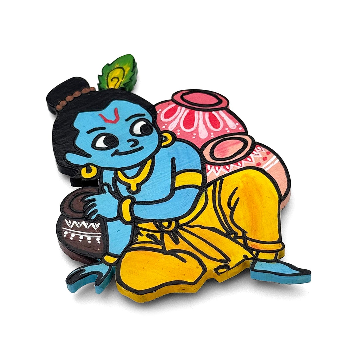 Lord Krishna With Pots Of Butter Hand-Painted Wooden Fridge Magnet