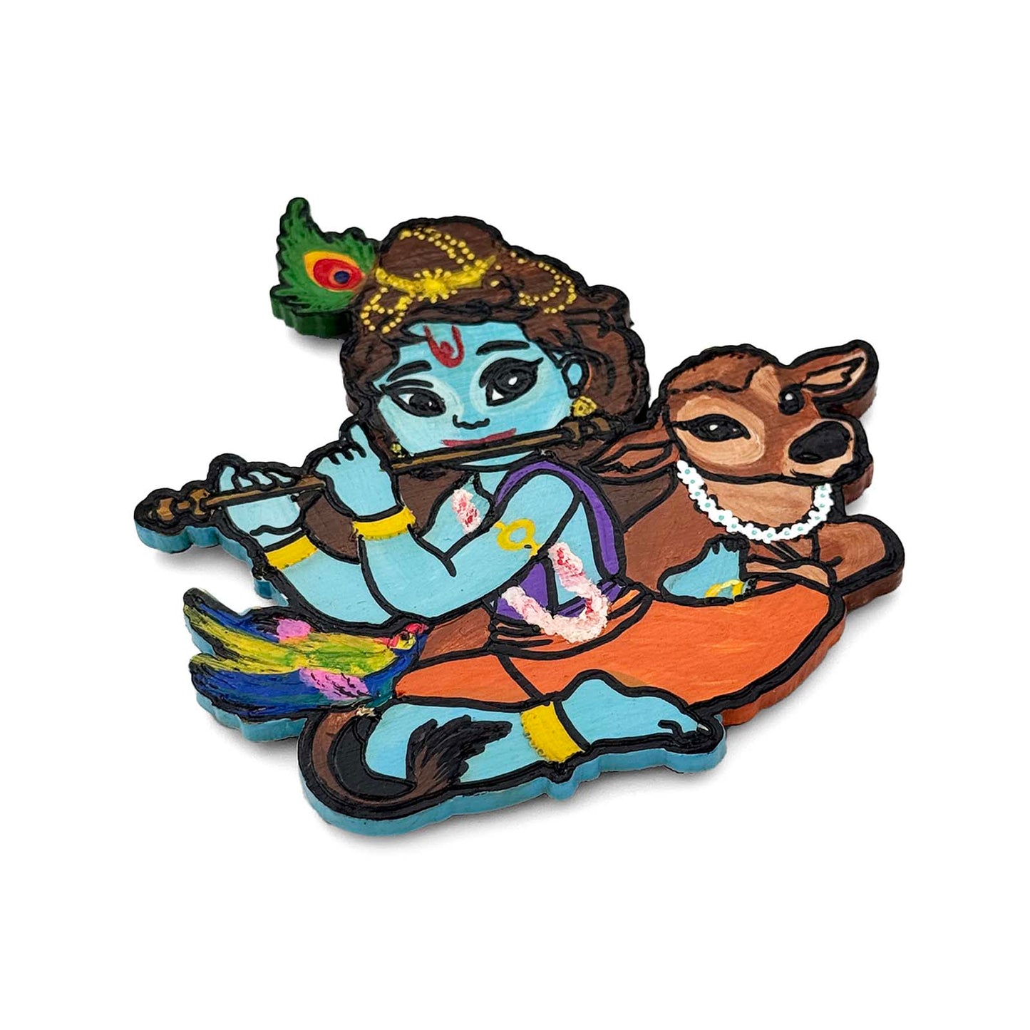 Lord Krishna With Cow Playing Flute Hand-Painted Wooden Fridge Magnet