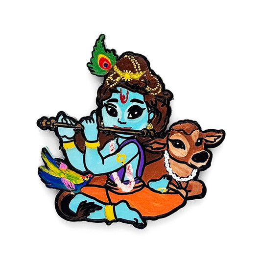 Lord Krishna With Cow Playing Flute Hand-Painted Wooden Fridge Magnet