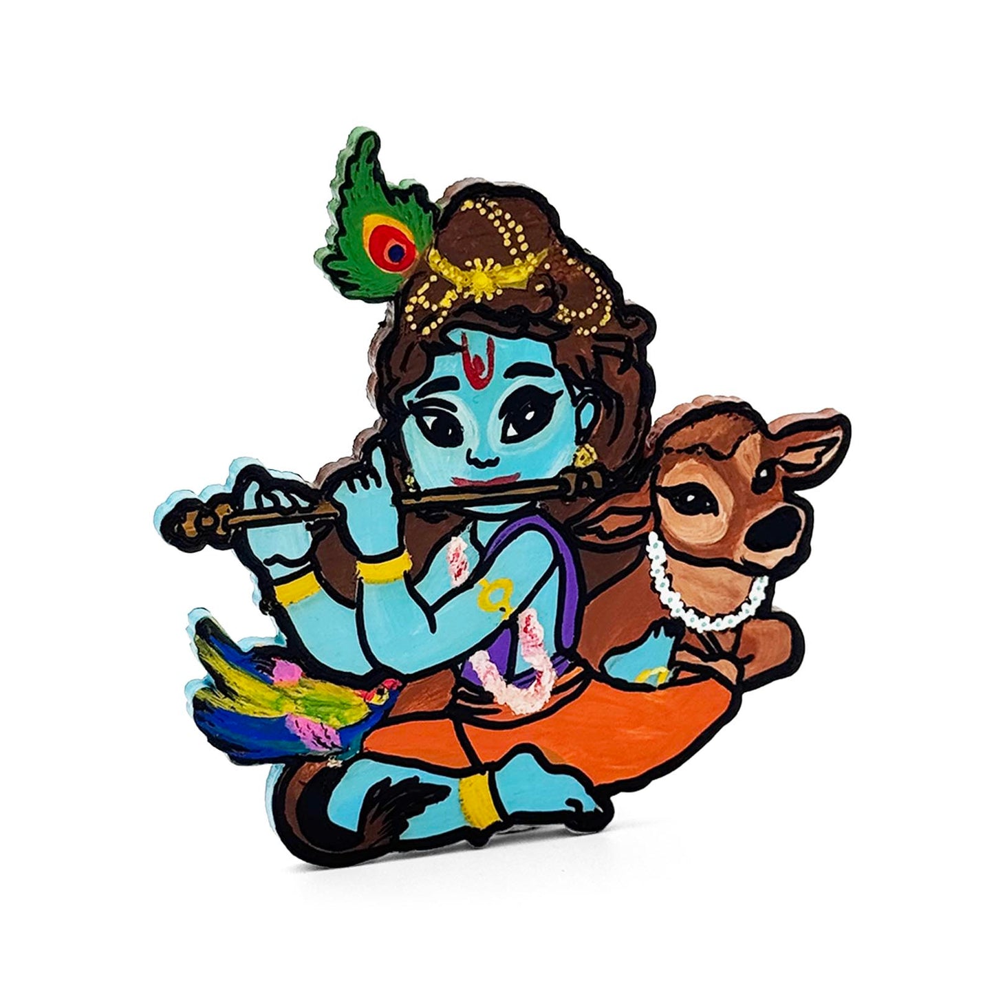 Lord Krishna With Cow Playing Flute Hand-Painted Wooden Fridge Magnet